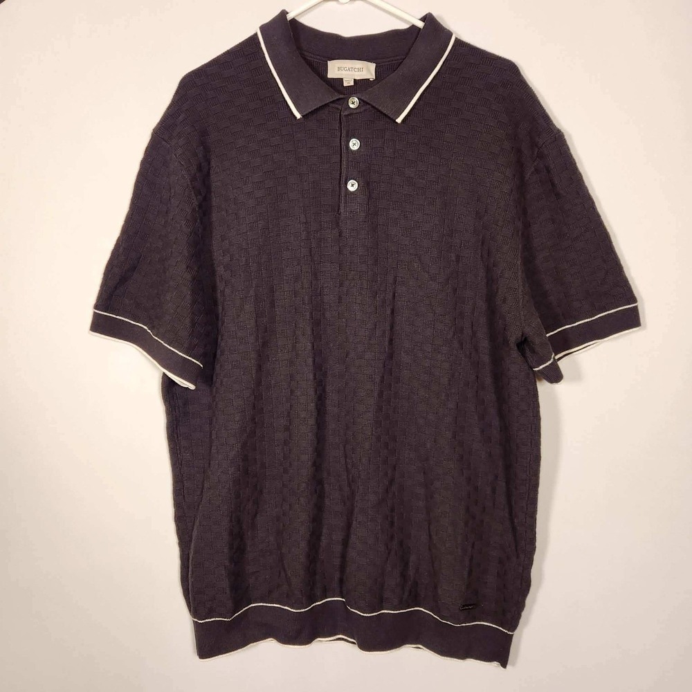 Bugatchi Johnny Collar Basket Stitch Cotton Blend Polo Sweater Black Size XL